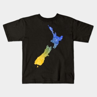 Colorful mandala art map of New Zealand with text in blue and yellow Kids T-Shirt